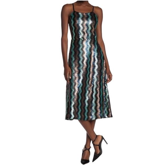 Walter Baker Isadora Sleeveless Sequin Chevron A-line Midi Dress Women's 6 NWT - Picture 1 of 9
